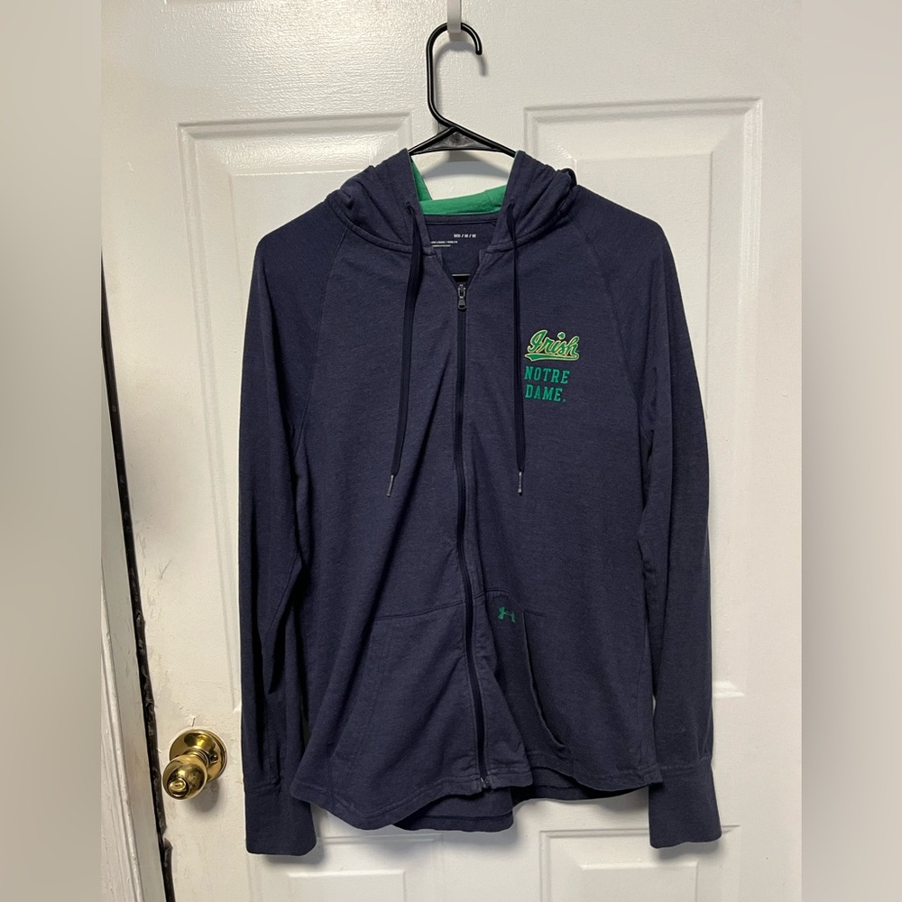 Under Armour Navyfull zip  Notre Dame Hoodie with Green Interior Trim